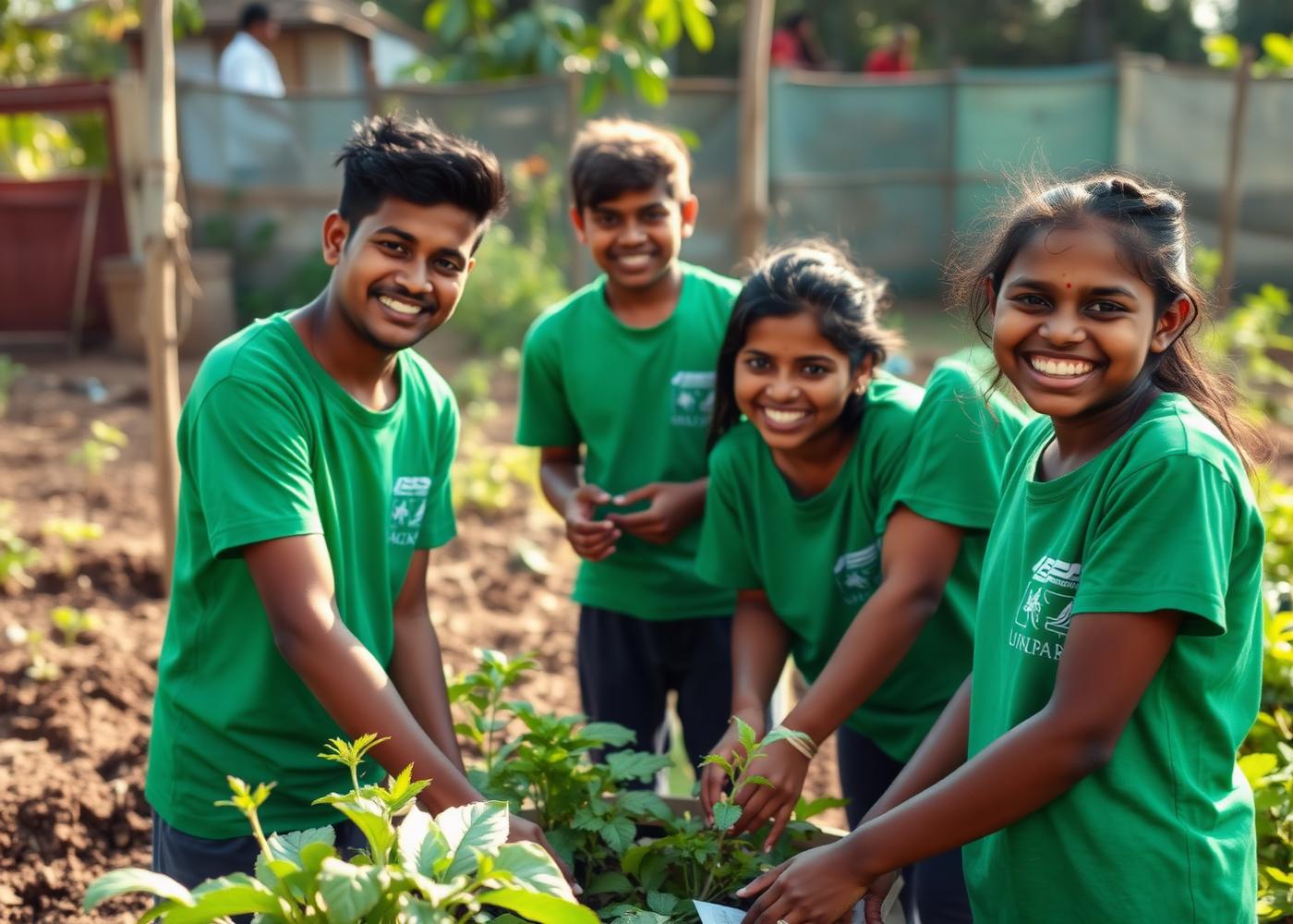 Save a Life youth volunteers tending to a community garden in Jaffna